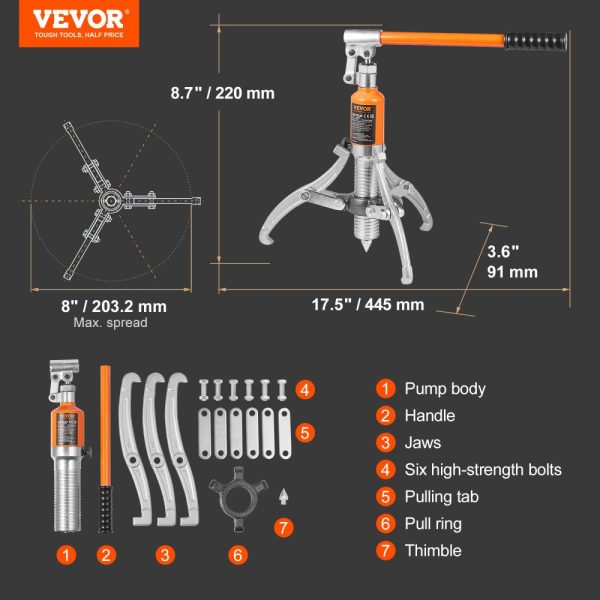 5 Ton Hydraulic Gear Puller with 2 or 3 Jaws for Vertical & Horizontal Use, 8 Jaw Wheel Bearing Separator with Case - Image 7
