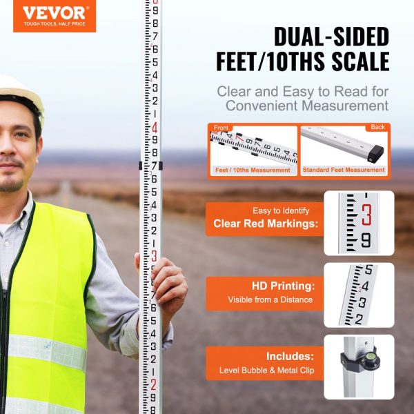 Aluminum Alloy Survey Rod 14ft 6-Section Telescoping Double-Sided Scale Leveling Stick with Bubble Level and Carry Bag for Construction Surveying - Image 2