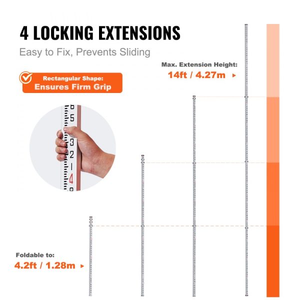 Aluminum Alloy Survey Rod 14ft 6-Section Telescoping Double-Sided Scale Leveling Stick with Bubble Level and Carry Bag for Construction Surveying - Image 3