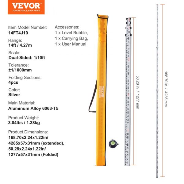 Aluminum Alloy Survey Rod 14ft 6-Section Telescoping Double-Sided Scale Leveling Stick with Bubble Level and Carry Bag for Construction Surveying - Image 7