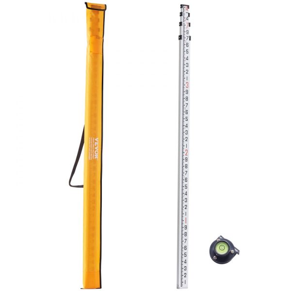 Aluminum Alloy Survey Rod 14ft 6-Section Telescoping Double-Sided Scale Leveling Stick with Bubble Level and Carry Bag for Construction Surveying