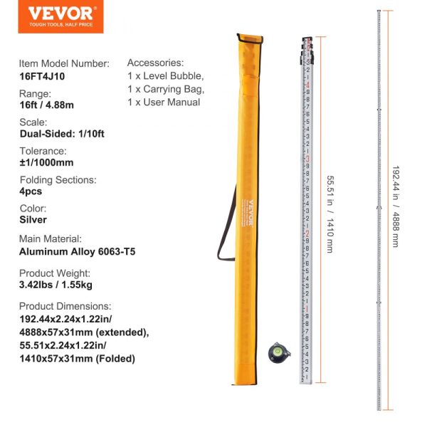Aluminum Telescoping Measuring Rod 16-Feet 4 Sections Double-Sided Scale 1/10ft Graduations with Bubble Level and Carrying Case for Houses Walls Floors - Image 7