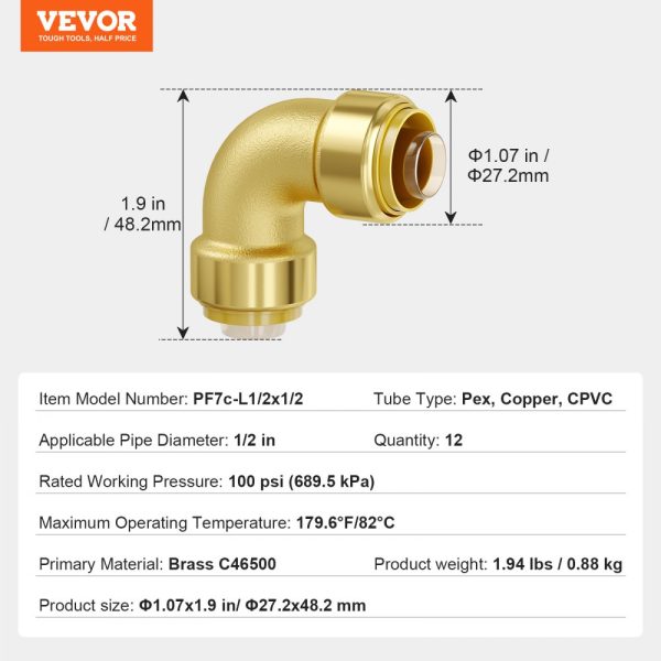 Pipe Fittings 1/2" 12PCS Brass Pipe Fittings Elbow Push-Fit for Air System - Image 7