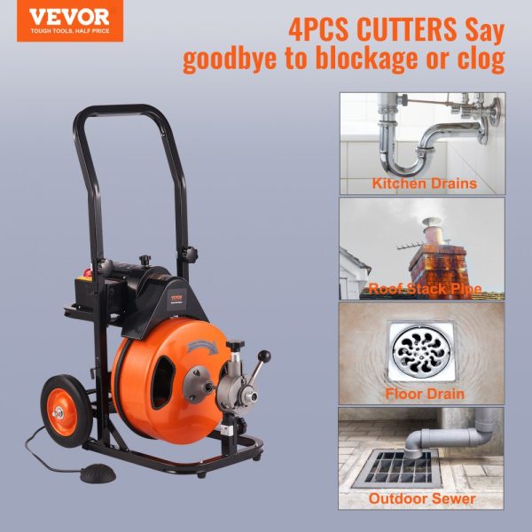 50FT Drain Cleaning Machine 3/8 Inch Cable Auto Feed 4 Cutters Air Activated Foot Switch 1-4 Inch Pipes - Image 2