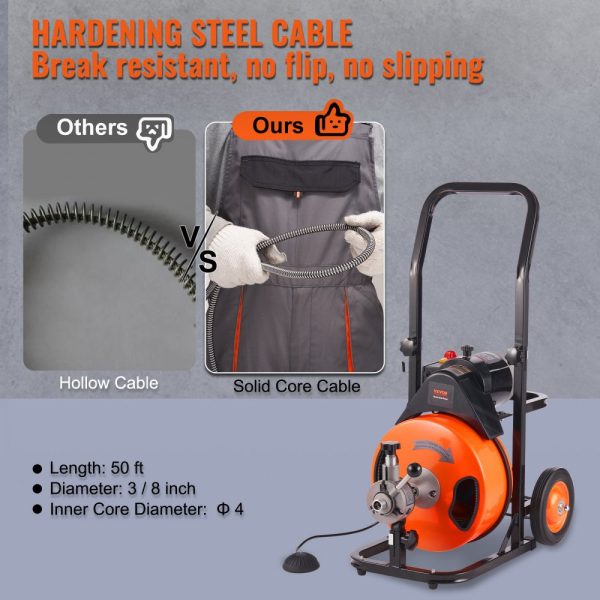 50FT Drain Cleaning Machine 3/8 Inch Cable Auto Feed 4 Cutters Air Activated Foot Switch 1-4 Inch Pipes - Image 3
