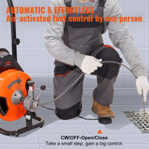 50FT Drain Cleaning Machine 3/8 Inch Cable Auto Feed 4 Cutters Air Activated Foot Switch 1-4 Inch Pipes - Image 4