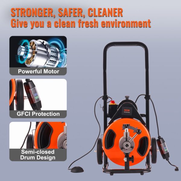 50FT Drain Cleaning Machine 3/8 Inch Cable Auto Feed 4 Cutters Air Activated Foot Switch 1-4 Inch Pipes - Image 6