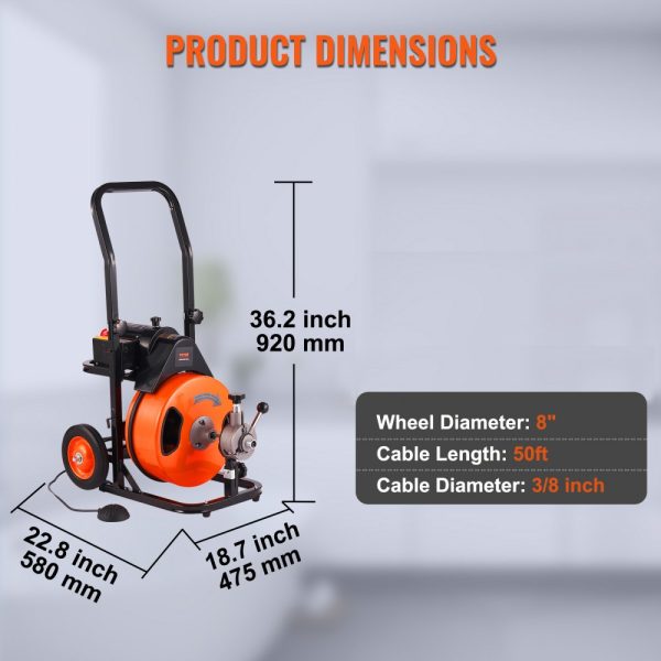 50FT Drain Cleaning Machine 3/8 Inch Cable Auto Feed 4 Cutters Air Activated Foot Switch 1-4 Inch Pipes - Image 7