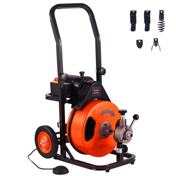50FT Drain Cleaning Machine 3/8 Inch Cable Auto Feed 4 Cutters Air Activated Foot Switch 1-4 Inch Pipes