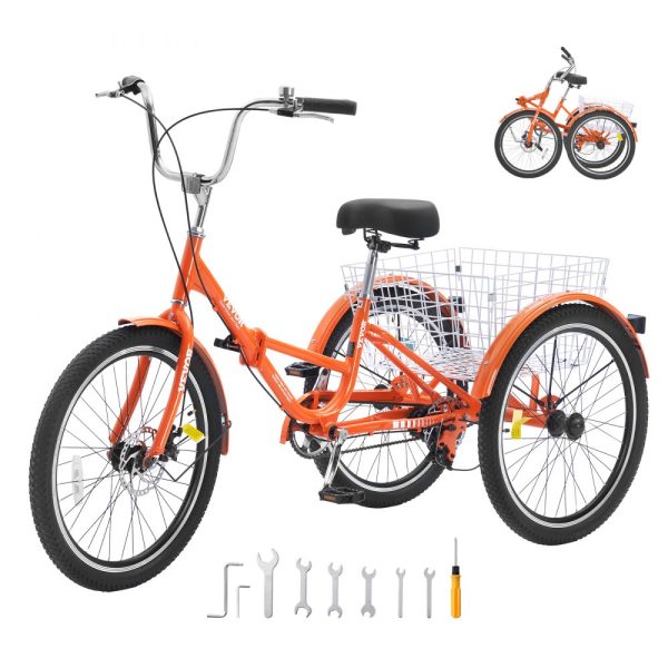 Folding Tricycle 24-Inch Lightweight Aluminum Alloy 3-Wheel Cruiser with Large Rear Basket for Adults Shopping and Seniors