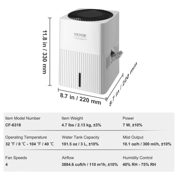 Evaporative Humidifier 3L 300ml/h Whole House Cool Moisture with 4-Speed & Timer, Premium Filter for Bedroom Home - Image 7
