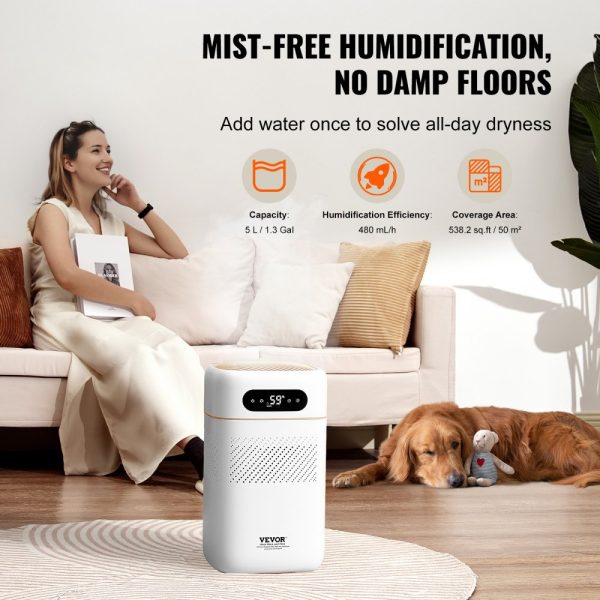 Evaporative Humidifier Whole House 215 sqft 480ml/h Smart Cool Moisture Air Purifier 3-Speeds 12h Timer Premium Filter Quiet Sleep Mode Bedroom 5L Capacity - Image 3