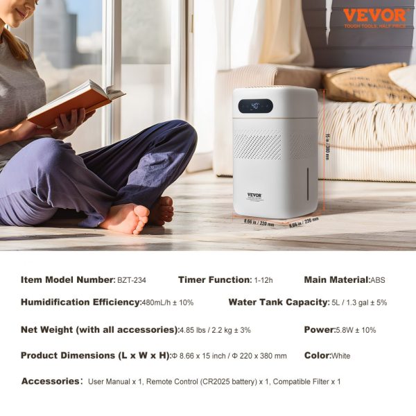 Evaporative Humidifier Whole House 215 sqft 480ml/h Smart Cool Moisture Air Purifier 3-Speeds 12h Timer Premium Filter Quiet Sleep Mode Bedroom 5L Capacity - Image 6