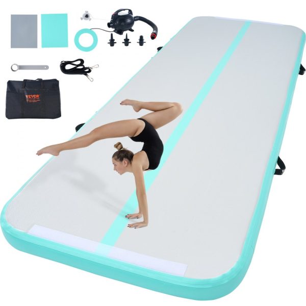 4 Inch Thick Gymnastics Tumble Mat 10ft Electric Pump Inflatable Training Mat for Home Gym Yoga Cheerleading Beach Park Water Play in Mint Green