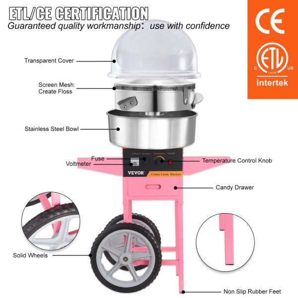 Electric Candy Floss Machine with 1000W Power, Stainless Steel Bowl, Sugar Scoop & Drawer, Pink Cart for Home Parties - Image 4