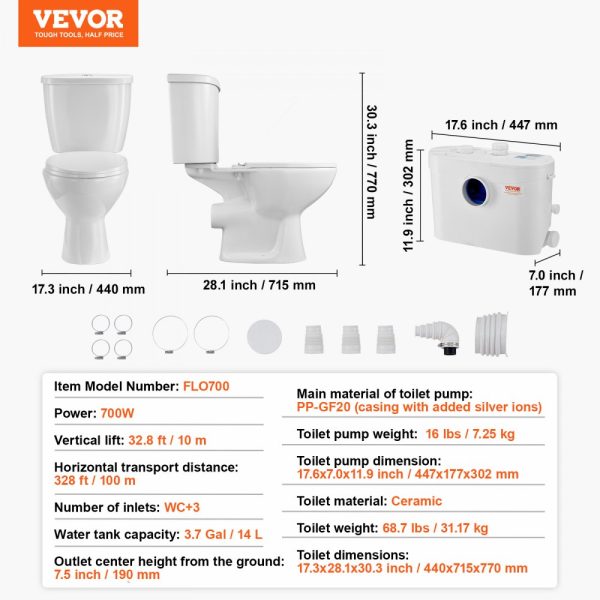 Macerating Toilet System with 700W Pump Upflush Toilet For Basement - Image 7