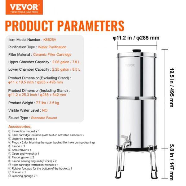 2.25G Gravity-fed Water Filter Countertop System Stainless Steel 2 Filters - Image 7