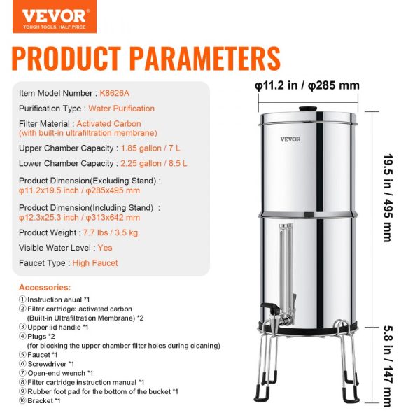 2.25G Gravity-fed Water Filter Countertop System Stainless Steel 2 Filters - Image 7