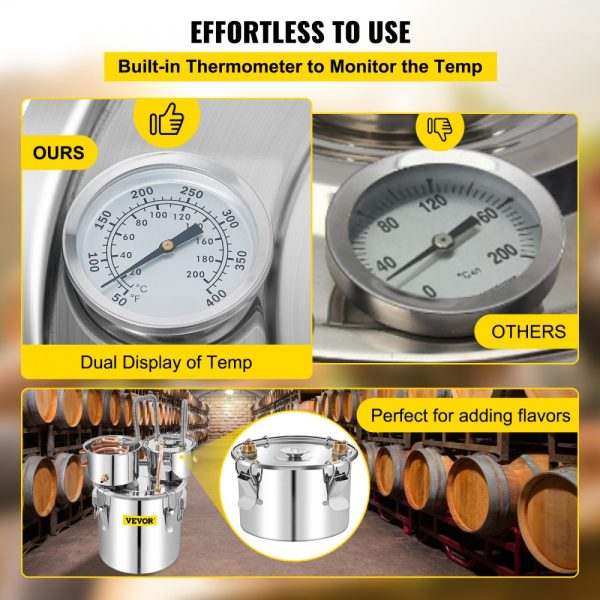 13.2Gal/50L Stainless Steel & Copper DIY Alcohol Distiller with Built-in Thermometer for Home Brewing Whisky Wine Brandy Silver - Image 5