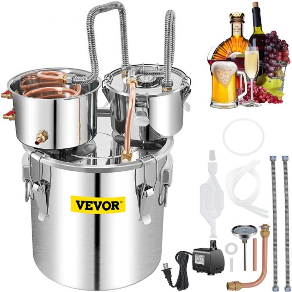 13.2Gal/50L Stainless Steel & Copper DIY Alcohol Distiller with Built-in Thermometer for Home Brewing Whisky Wine Brandy Silver