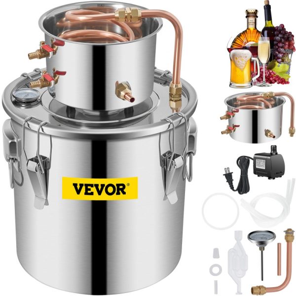 3 Gallon Distillery Setup with Circulating Pump, Copper Tube Design, Built-In Thermometer, and Stainless Steel Construction for DIY Alcohol Distilling