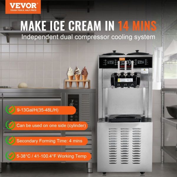 Commercial Ice Cream Maker 34-44 L/H Yield 3400W 3-Flavor Freestanding Soft Serve 2x9L Stainless Steel Hopper LED Panel with Overnight Refrigeration - Image 2