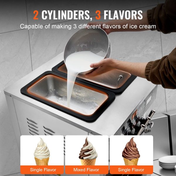 Commercial Ice Cream Maker 34-44 L/H Yield 3400W 3-Flavor Freestanding Soft Serve 2x9L Stainless Steel Hopper LED Panel with Overnight Refrigeration - Image 3