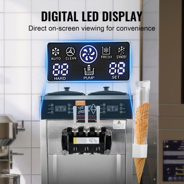 Commercial Ice Cream Maker 34-44 L/H Yield 3400W 3-Flavor Freestanding Soft Serve 2x9L Stainless Steel Hopper LED Panel with Overnight Refrigeration - Image 5