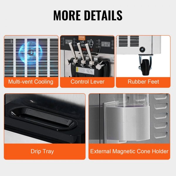 Commercial Ice Cream Maker 34-44 L/H Yield 3400W 3-Flavor Freestanding Soft Serve 2x9L Stainless Steel Hopper LED Panel with Overnight Refrigeration - Image 6
