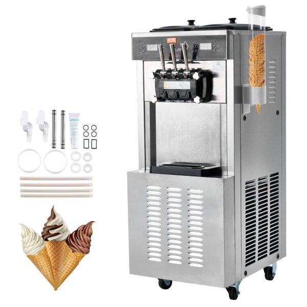 Commercial Ice Cream Maker 34-44 L/H Yield 3400W 3-Flavor Freestanding Soft Serve 2x9L Stainless Steel Hopper LED Panel with Overnight Refrigeration