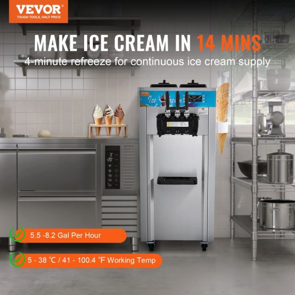 Commercial Soft Serve Ice Cream Machine, 21-31 L/H Production, 1800W, 3-Flavor Dispensing, Freestanding Design, 2 x 5.5L Stainless Steel Cylinders, LED Panel Auto-Clean Pre-Cooling, for Restaurants & Bars - Image 2