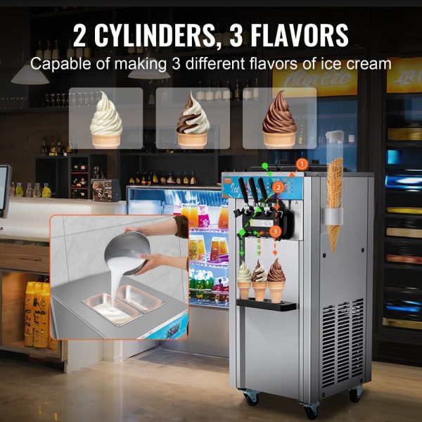Commercial Soft Serve Ice Cream Machine, 21-31 L/H Production, 1800W, 3-Flavor Dispensing, Freestanding Design, 2 x 5.5L Stainless Steel Cylinders, LED Panel Auto-Clean Pre-Cooling, for Restaurants & Bars - Image 3
