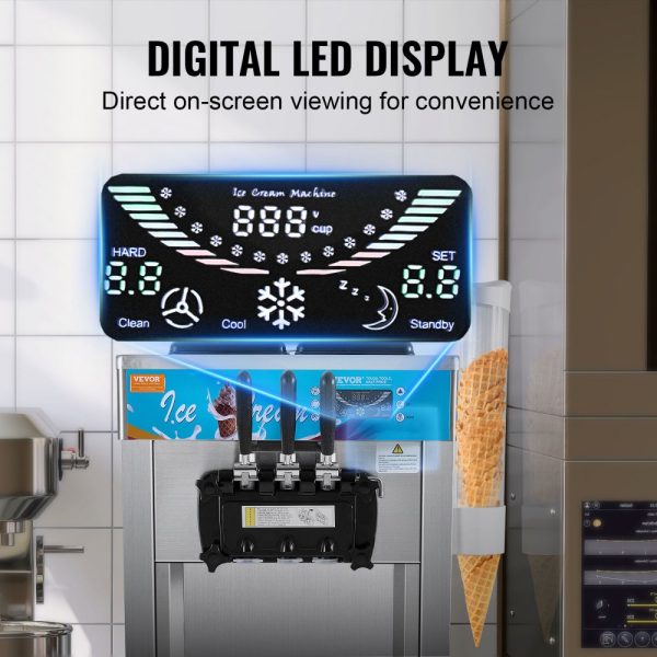 Commercial Soft Serve Ice Cream Machine, 21-31 L/H Production, 1800W, 3-Flavor Dispensing, Freestanding Design, 2 x 5.5L Stainless Steel Cylinders, LED Panel Auto-Clean Pre-Cooling, for Restaurants & Bars - Image 5