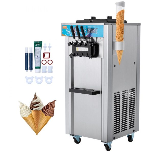 Commercial Soft Serve Ice Cream Machine, 21-31 L/H Production, 1800W, 3-Flavor Dispensing, Freestanding Design, 2 x 5.5L Stainless Steel Cylinders, LED Panel Auto-Clean Pre-Cooling, for Restaurants & Bars