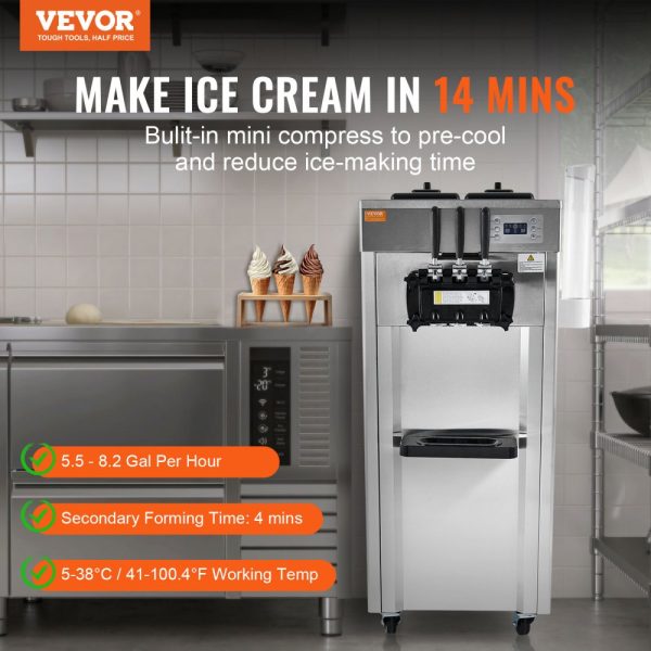 1850W Soft Ice Cream Machine 3 Flavors 5.3-7.4 Gal/Hour Night Pre-Cooling Auto Clean LCD Display for Restaurants & Snack Bars Silver - Image 2