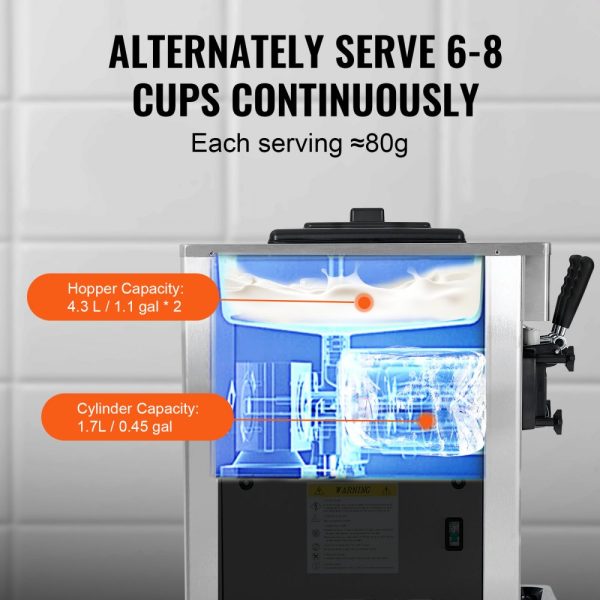 1850W Soft Ice Cream Machine 3 Flavors 5.3-7.4 Gal/Hour Night Pre-Cooling Auto Clean LCD Display for Restaurants & Snack Bars Silver - Image 4