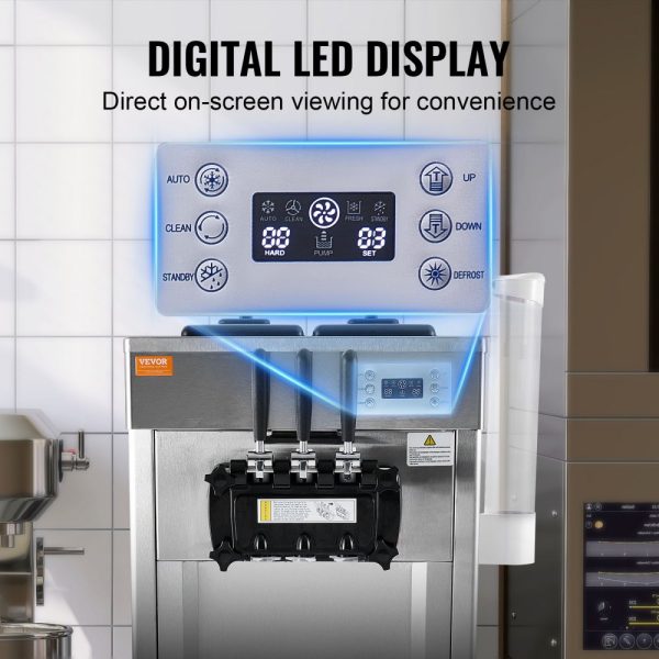 1850W Soft Ice Cream Machine 3 Flavors 5.3-7.4 Gal/Hour Night Pre-Cooling Auto Clean LCD Display for Restaurants & Snack Bars Silver - Image 5