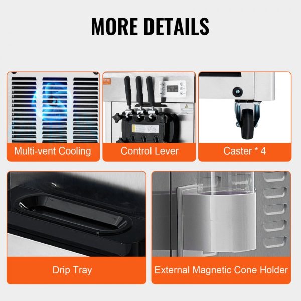 1850W Soft Ice Cream Machine 3 Flavors 5.3-7.4 Gal/Hour Night Pre-Cooling Auto Clean LCD Display for Restaurants & Snack Bars Silver - Image 6
