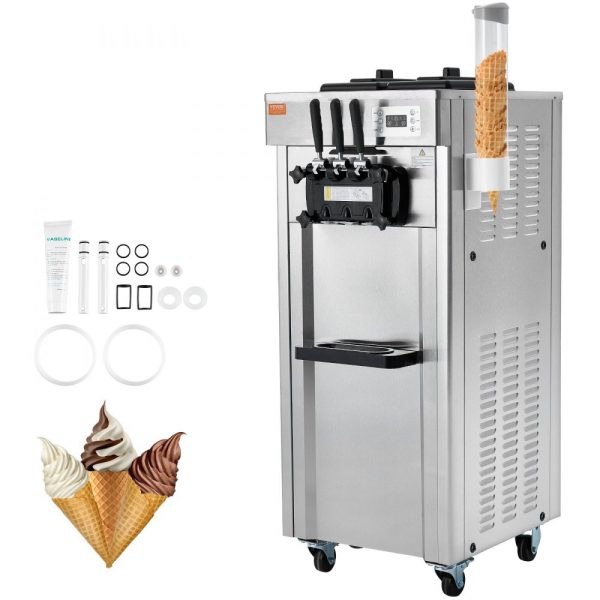 1850W Soft Ice Cream Machine 3 Flavors 5.3-7.4 Gal/Hour Night Pre-Cooling Auto Clean LCD Display for Restaurants & Snack Bars Silver