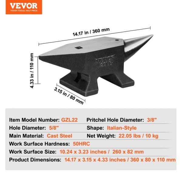 Single Horn Anvil 22 lbs Cast Steel Rugged High Hardness Stable Base Large Countertop Round and Square Holes Bending and Shaping Tool - Image 7