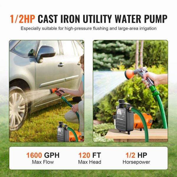 Cast Iron Water Transfer Pump 115V 1600 GPH 1/2 HP Portable Electric Utility Pump for Garden Pool Pond - Image 2