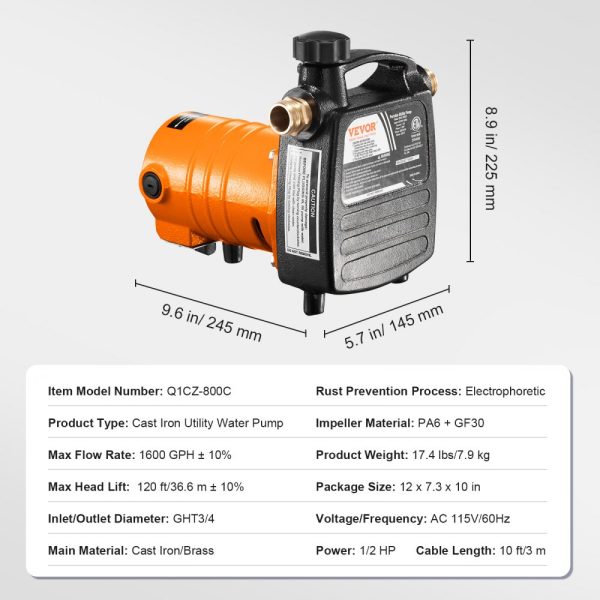 Cast Iron Water Transfer Pump 115V 1600 GPH 1/2 HP Portable Electric Utility Pump for Garden Pool Pond - Image 7