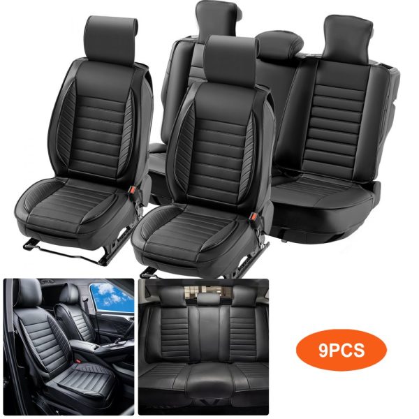 Universal Car Seat Covers Full Set with Front & Rear Seats 9-Piece Faux Leather Semi-Enclosed Design Detachable Headrest & Airbag Compatible for Most Cars SUVs & Trucks