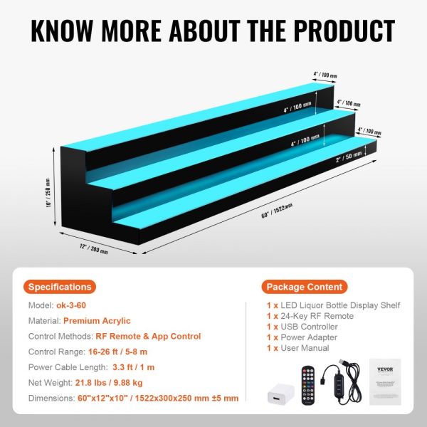 LED Lighted Liquor Bottle Display Bar Shelf RF & App Control 60" 3-Step - Image 6