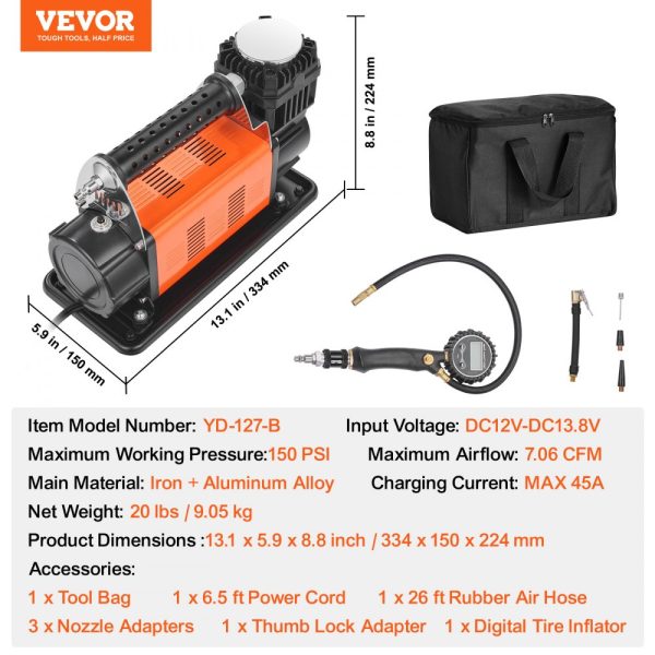 12V Heavy Duty Portable Air Compressor Car Tire Inflator 7.06CFM 150PSI - Image 7