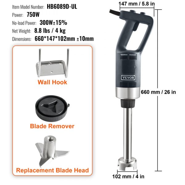 Commercial Grade Immersion Blender 750W 12-Inch Heavy Duty Variable Speed Control with 304 Stainless Steel Blade for Multi-Purpose Use - Image 7
