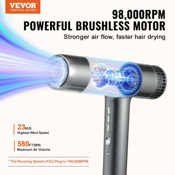 Professional Blow Dryer with 3 Million Negative Ions 98000 RPM Brushless Motor 3 Heat Settings and 3 Speeds Lightweight Salon Style Design with Nozzles and Diffuser for Home or Travel - Image 2